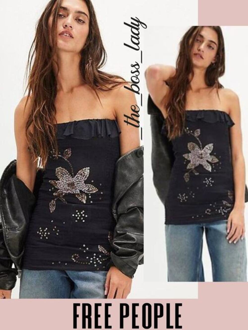 Free People beaded tube top floral embellished sequins ruffled boho Small